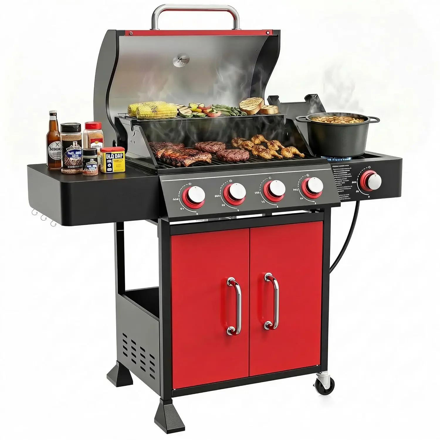 

4-Burner Propane Gas Grill with Side Burner 60000 BTU Warming Rack Porcelain Cast Iron Grates Outdoor 601 Sq In Custom