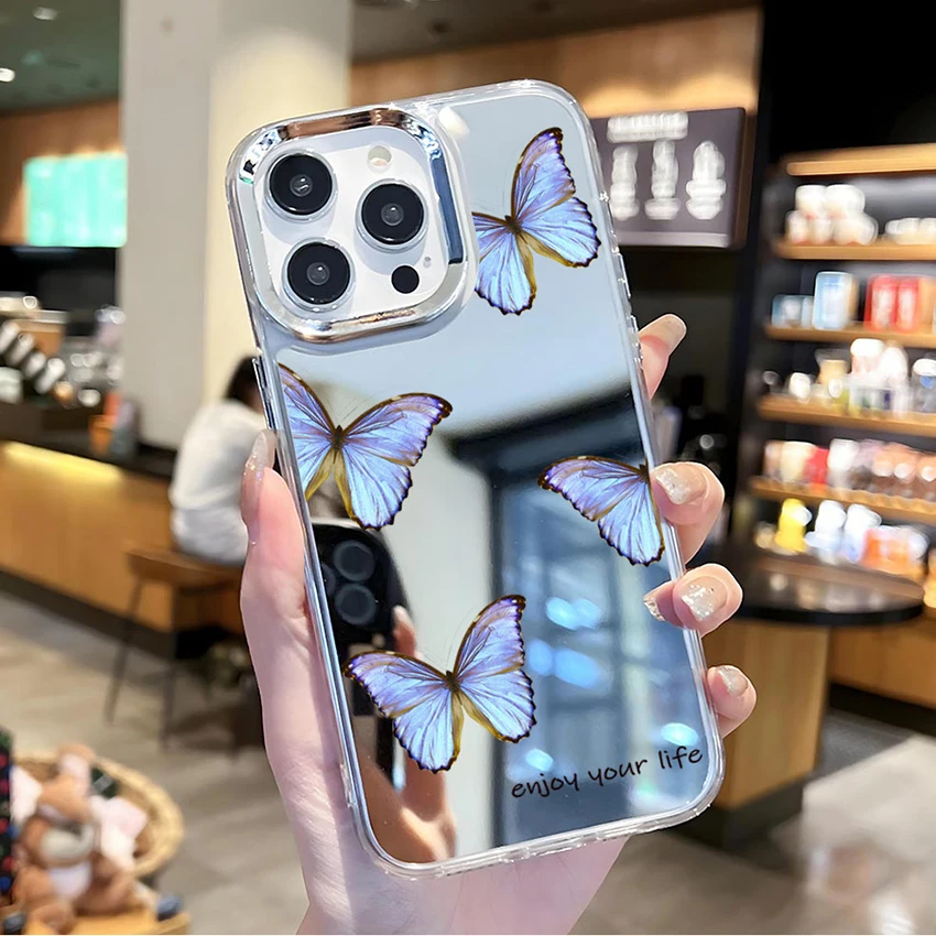 Plated Lens Ring Phone Case For Iphone 16 15 14 17 13 Pro 12 11 Max Plus 16Pro Mirror Phone Case Painted Butterfly 15Pro Cover