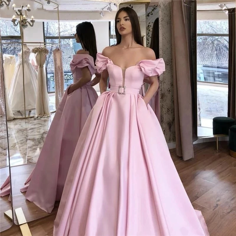 

ANGELSBRIDEP Pink Long Evening Dress Vestidos De Festa Fashion Off-Shoulder Floor-Length Formal Prom Dress Pageant With Pockets