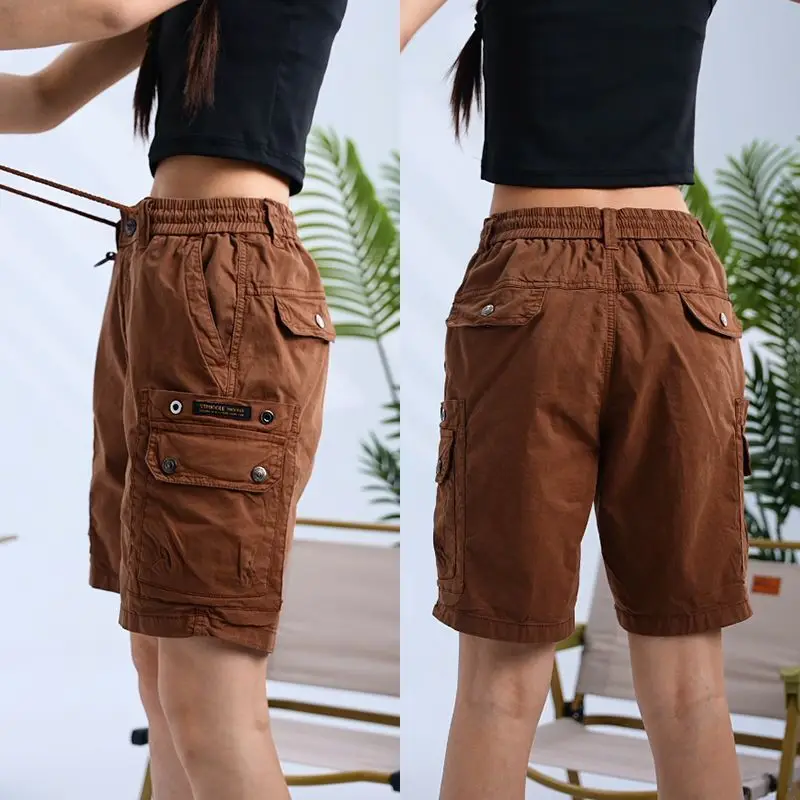 Summer New Cargo Pants Men's Solid Knee Length Pocket Drawstring Elastic Button High-waisted Casual Sports Loose Straight Shorts