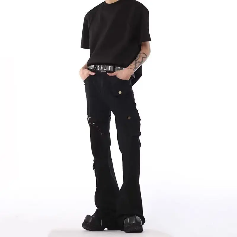 

White strap micro flared jeans for summer American high street casual men's and women's trumpet slim fit workwear pants