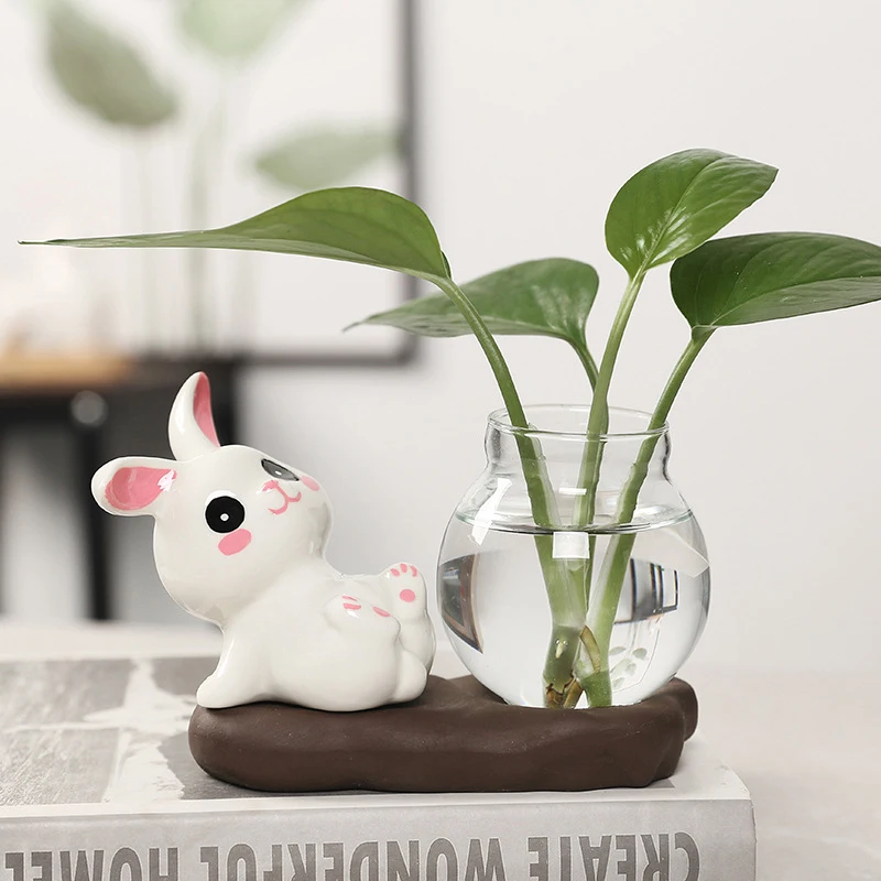 Transparent Glass Aquatic Vase Ceramics Rabbit Hydroponic Plant Vases with Wooden Base Flower Bottle Tabletop Decoration