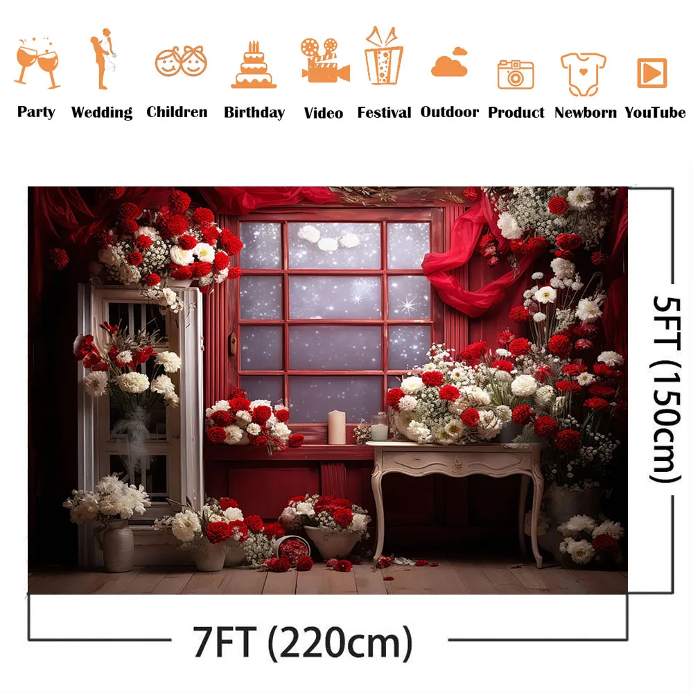 Red Rose Flowers Background for Photography Valentine's Day Windows Photo Backdrop for Newborn Baby Portrait Photoshoot Props