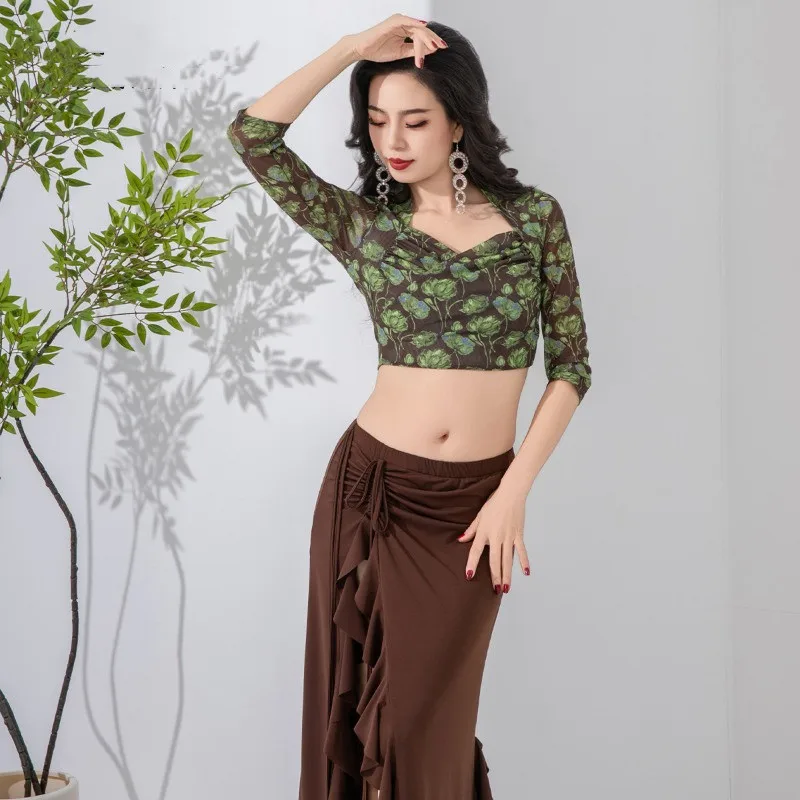 Belly Dance Skirt for Women, High Waist Ruffle Split Maxi Skirt, Drawstring Adjustable Practice Costume, Professional Outfit view 5