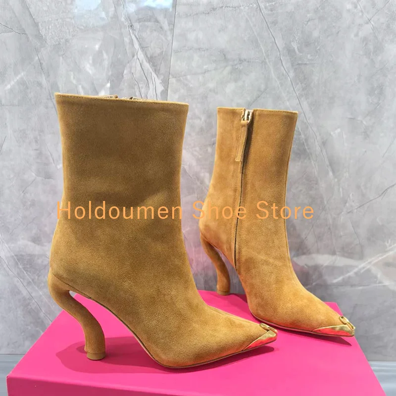Women's Brown Suede Sexy S-Shaped Heel Ankle Boots Pointed Toe Metal Keyhole Decor Black Genuine Leather Side Zip Short Boots
