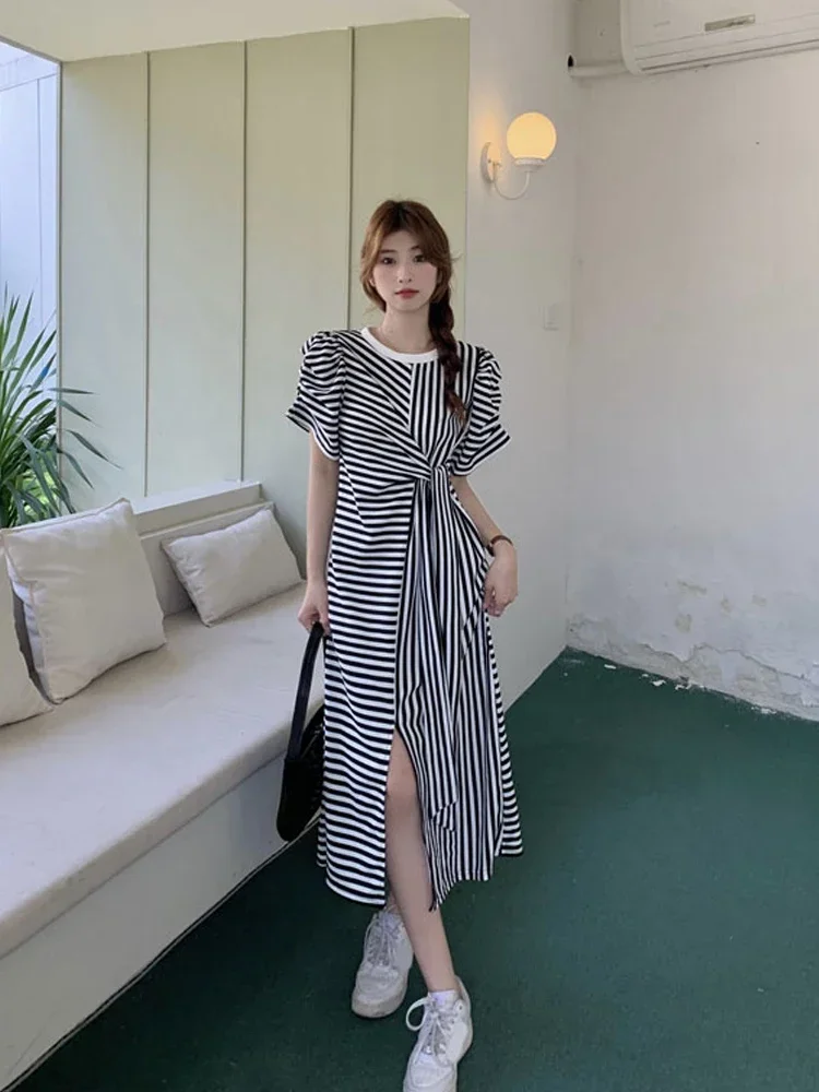 Gaganight Women Celebrity Stripe O neck Long Dress Women Summer New Slim Waist Mid Length Split Dresses Female Vestidos