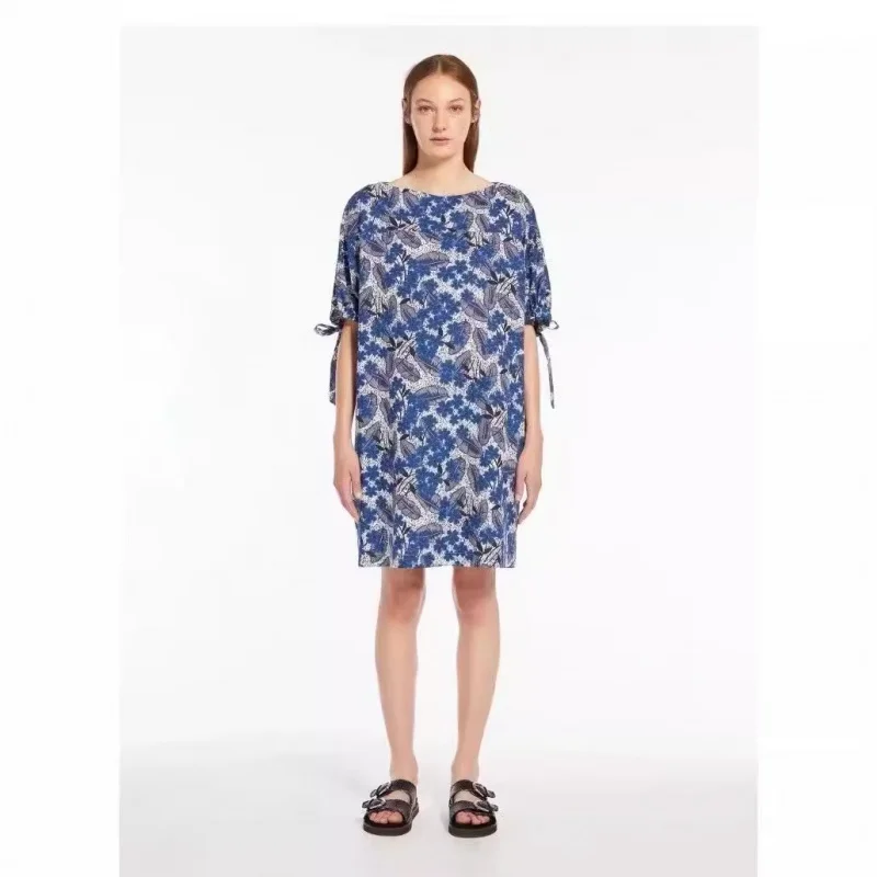 Max2024 Spring and Summer Elastic Cuffs Lace-up Boat Neck Profile Cotton Loose Dress