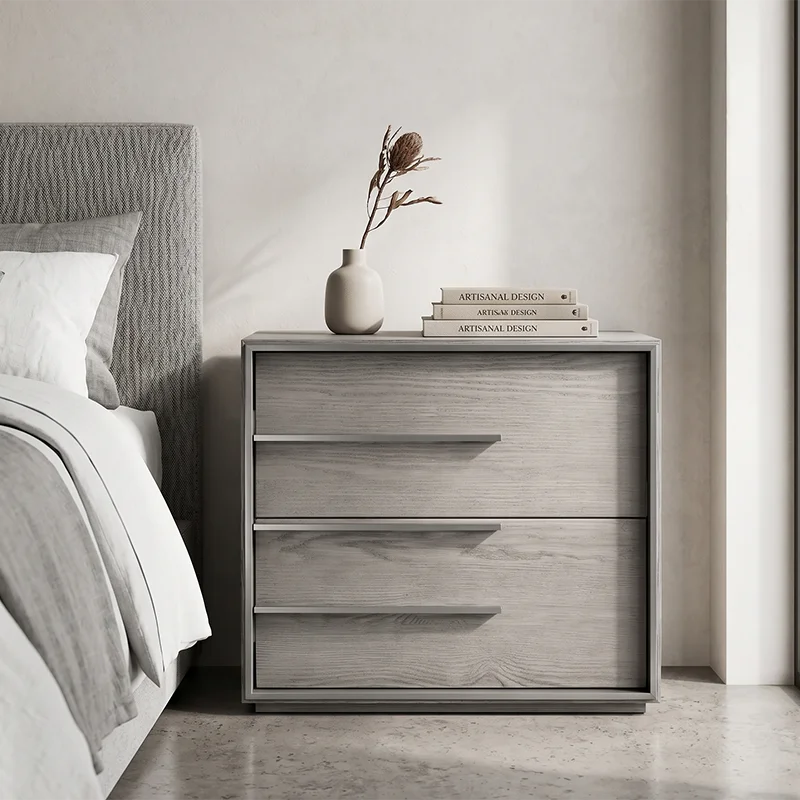 xx-CALVIN Grey Wood Nightstand Modern Bedside Table with Horizontal Metal Handles and Streamlined Functional Bedroom Storage