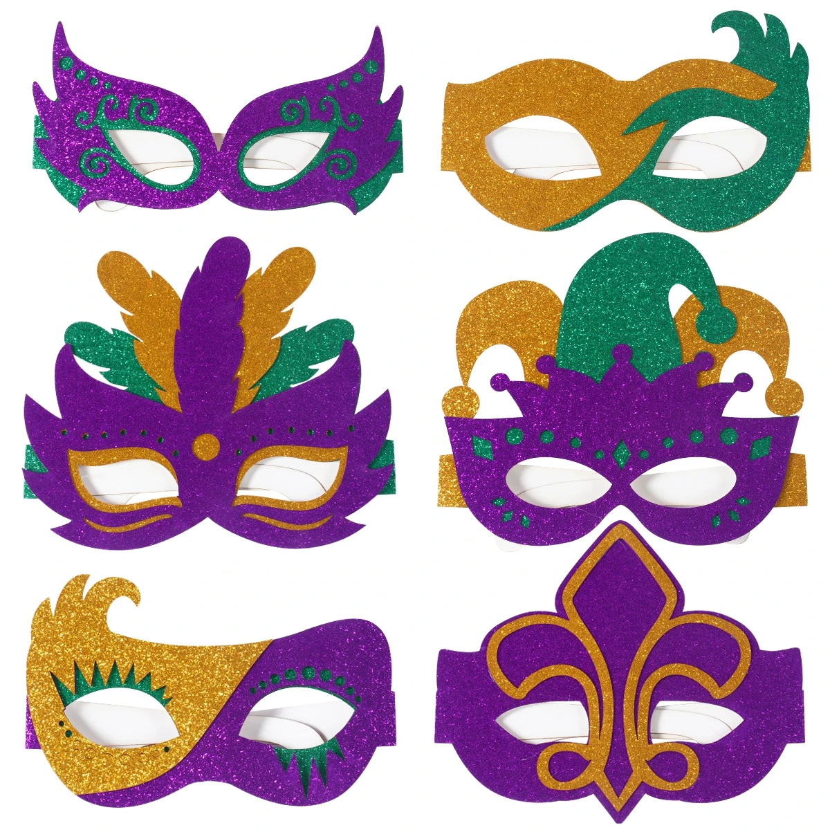 6pcs Mardi Gras Paper Glasses Gold Green Purple Carnival Mask Photo Booth Glasses for New Orleans Mardi Gras Party Decorations