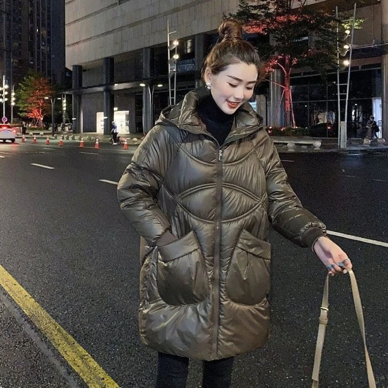2025 معطف نسائي فضفاض منتفخ متوسط الطول سترة قطن شتوية أساسية ملابس خارجية دافئة #4