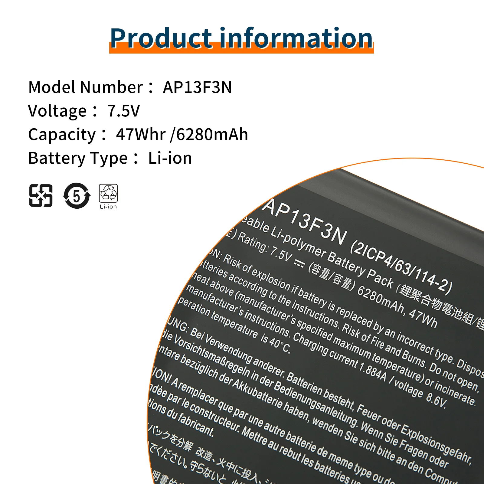 Bateria do portátil para Aspire, AP13F3N, 2ICP4, 64, 114-2, S7-392, S7-392-9890, S7-391-6822, Ultrabook, 7.5V, 6280mAh