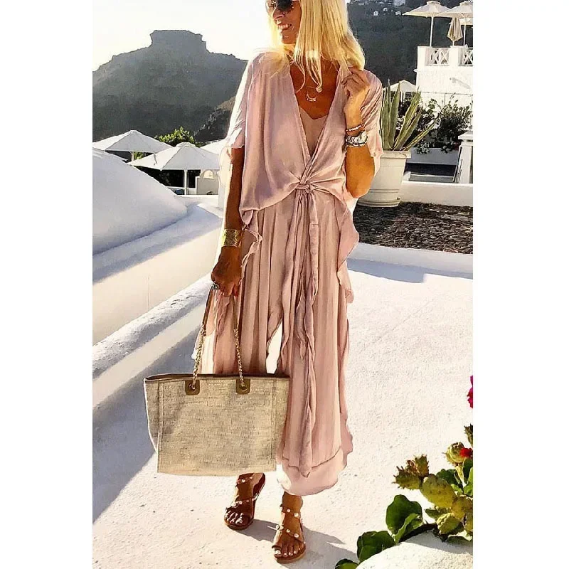 Casual Sommer Retro Einfarbig Kurzarm Party Kleid Frauen Elegante Rüschen Lange Kleid Mode Urlaub Boho Lose Damen Kleid