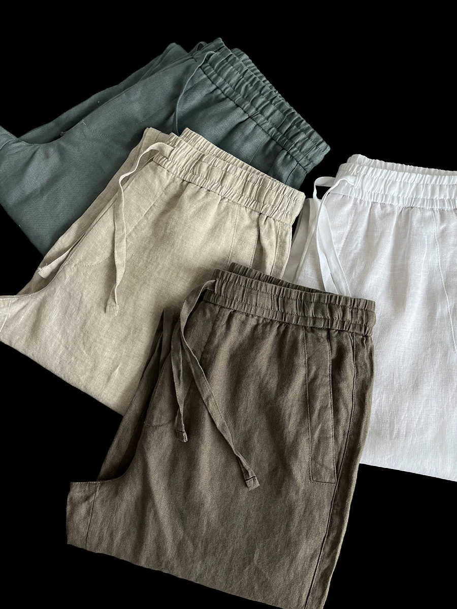 

Pure Linen Men's Casual Pants Summer Lightweight Draped Straight Leg Nine-Tenths Length Breathable Comfortable Faionable