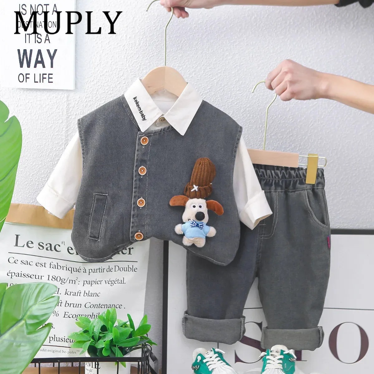 Spring Autumn Boys Outfit 3pcs Set Hat Included Long Sleeve 3D Printed Dog Vest Fashionable Casual Wear for Kids