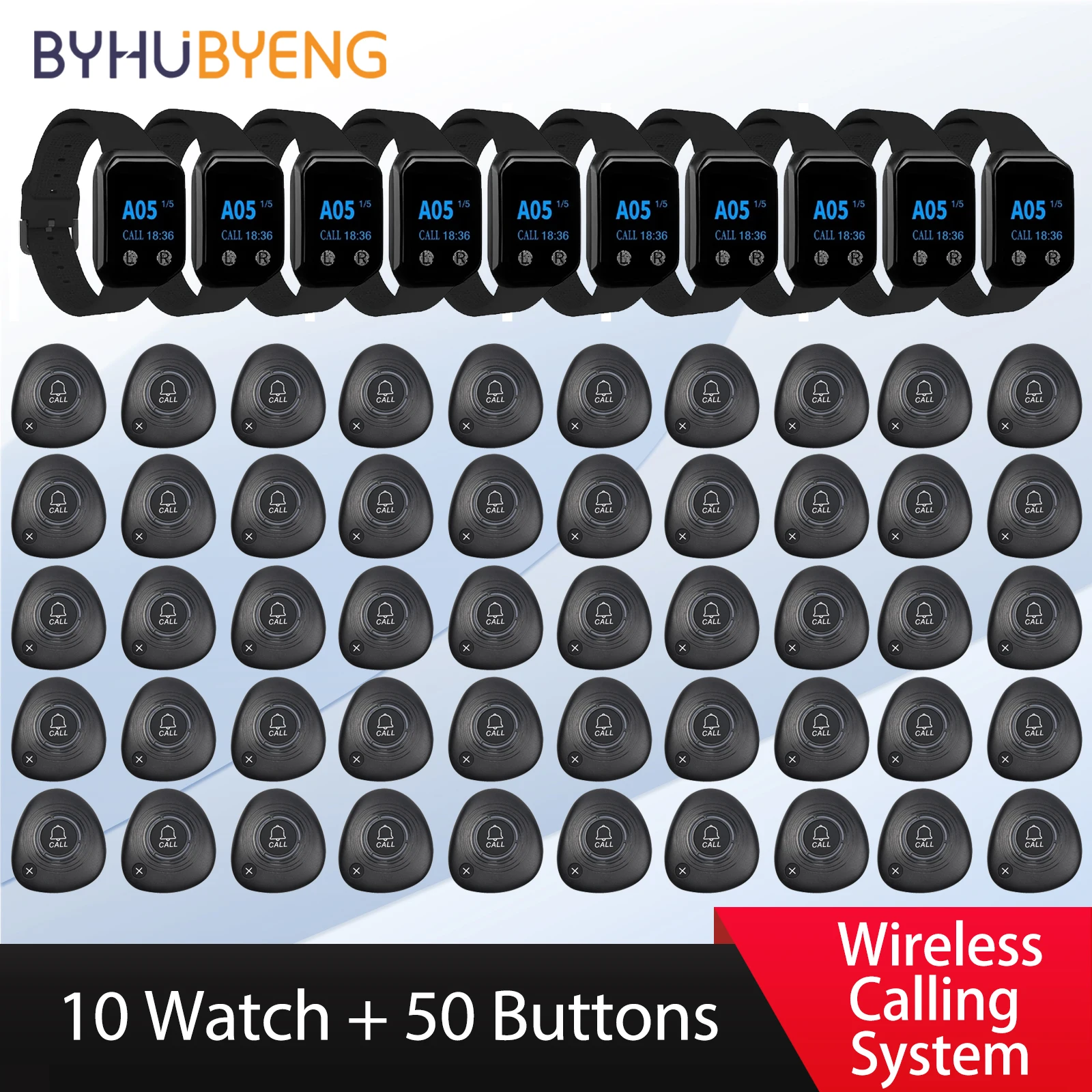 Wireless Calling System 50 Buttons Bell Buzzer + 10 Watchs Pager Call Transmitter Paging for Restaurant Cafe Waiter Service