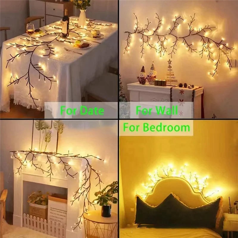 ABMO 72LEDS 曲げ可能な柳籐ランプ、籐の木の装飾ランプ、壁寝室屋内屋外用ナイトライト