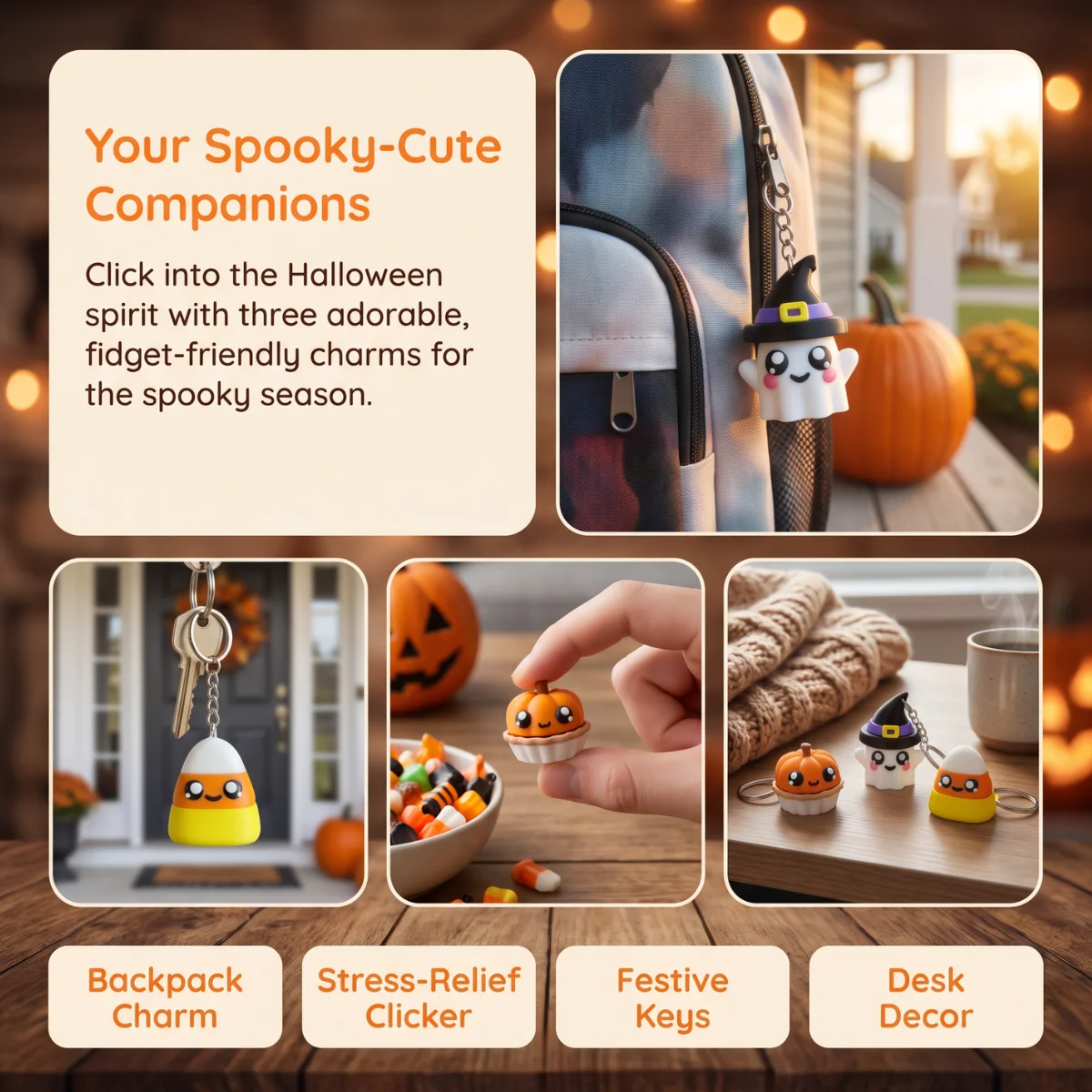 1Pc Mini 3D‑Printed Clicky Fidget Keychain,Eco‑Friendly PLA Halloween Pumpkin Ghost Candy Corn Charm, Novelty Clicker Stress Toy