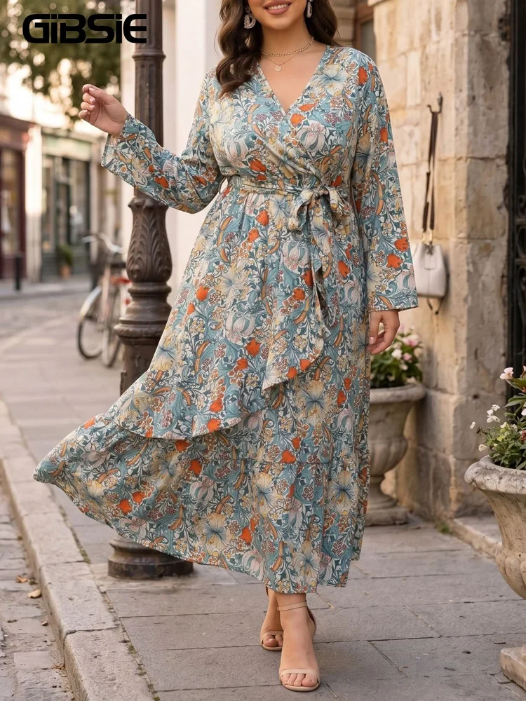 

GIBSIE Plus Size Floral Print V-Neck Belted Ruffled Dress Women Spring Fall Vacation Long Sleeve Female Casual Boho Long Dresses
