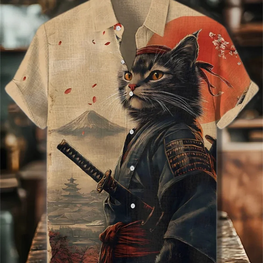 

Men's Vintage Cat Warrior Print Short Sleeve Linen Shirt Lapel Design Button plus Size Casual Fashionable Party Vacation Top