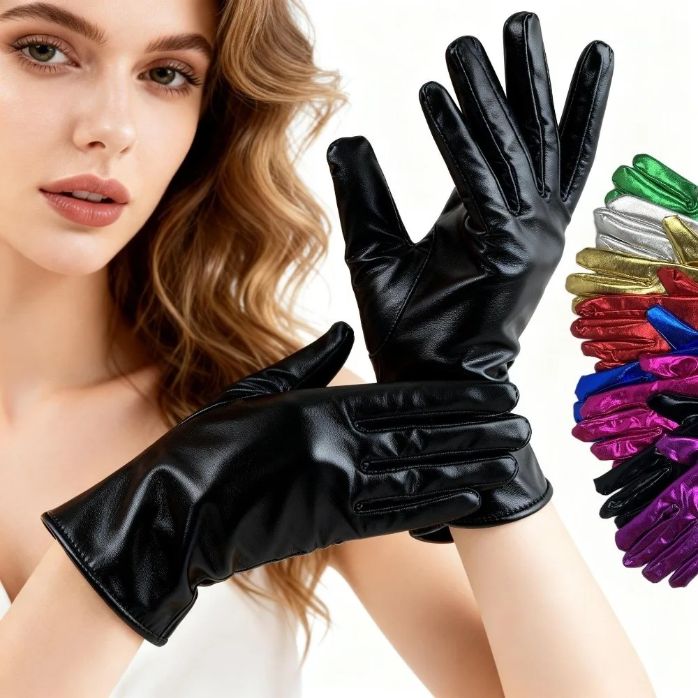 Fashion Solid Color Patent Leather Gloves Elastic Cloth Short Gloves Lolita Shiny Women Mittens Dance Stage Performance