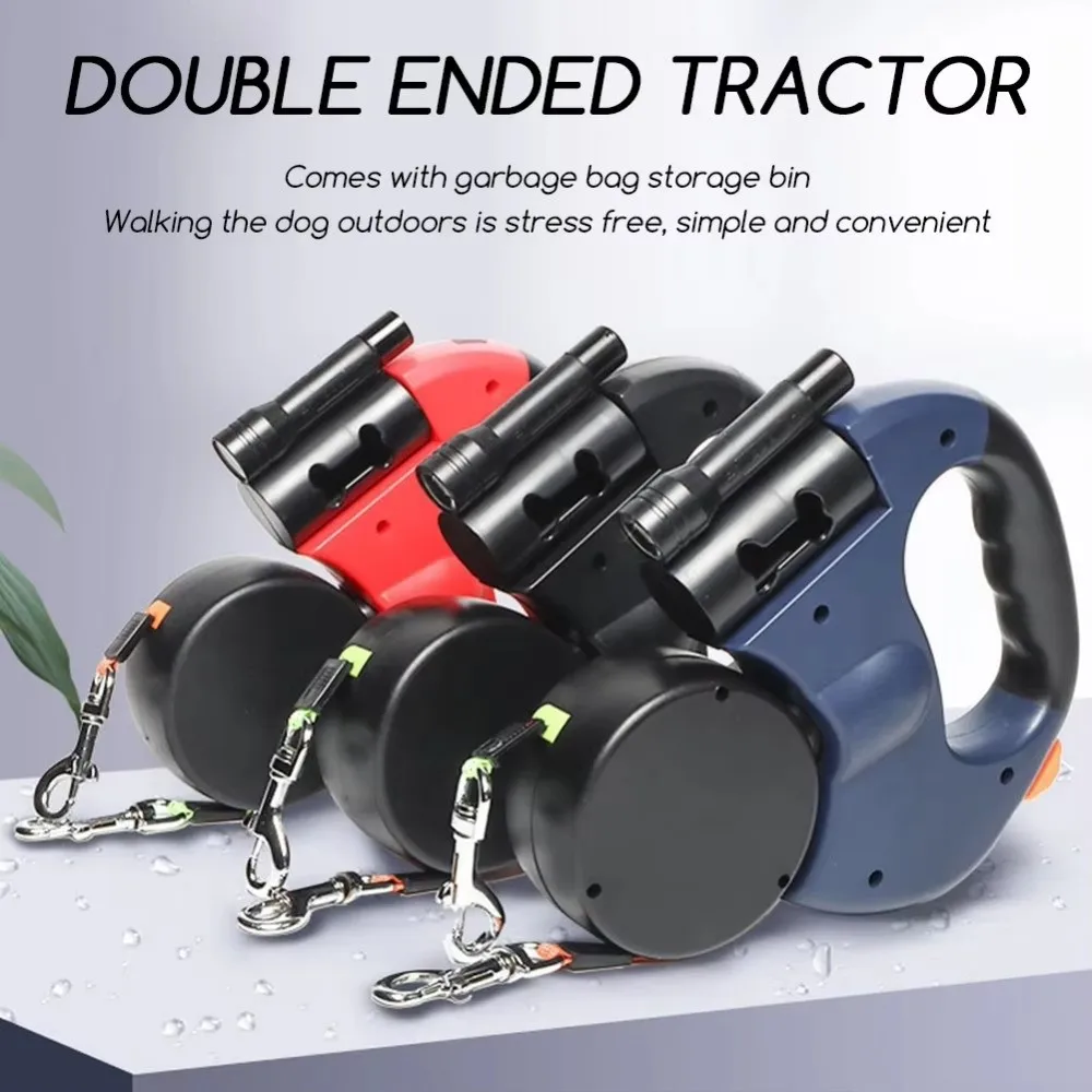 With Flashlight Dual Dog Retractable Leash Poop Bag Holder 360° Rotating Dog Tractions Rope Retractable LED Lights