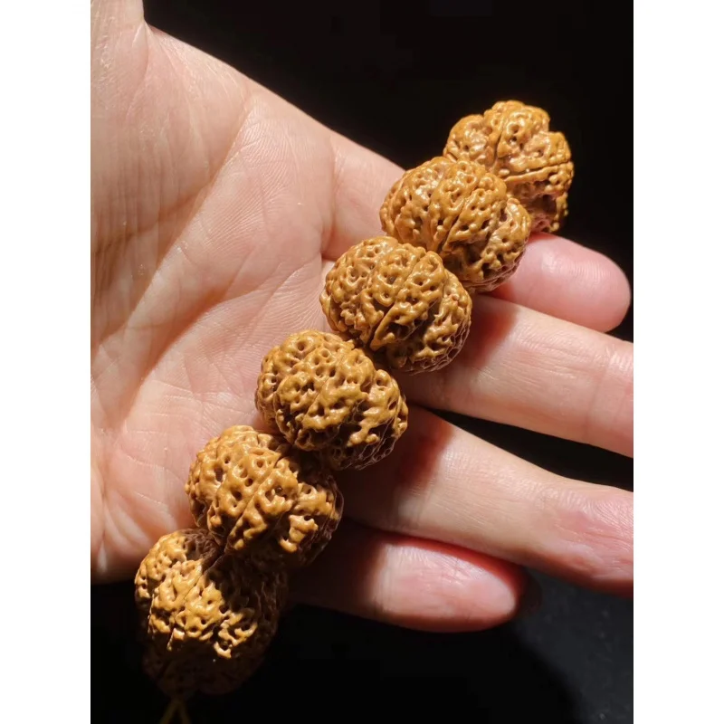 Nepal Five Faces Hot Meat Pattern Big Rudraksha Beads Single Circle Yellow Leather Men and Women Rosary Bracelet