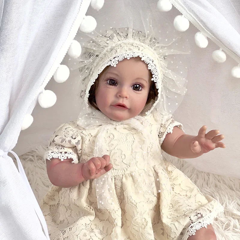 60CM Sue-Sue Reborn Toddler Girl 3Month Baby Size Hand-Detailed Painting 3D Skin Tone Hand rooted Brown Curly Hair