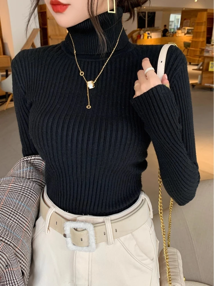2025 Casual Slim Knitted Pullover Autumn Winter Thick Turtleneck Sweater Base Sweater Korean Style Simple Base Layer Warm Tops