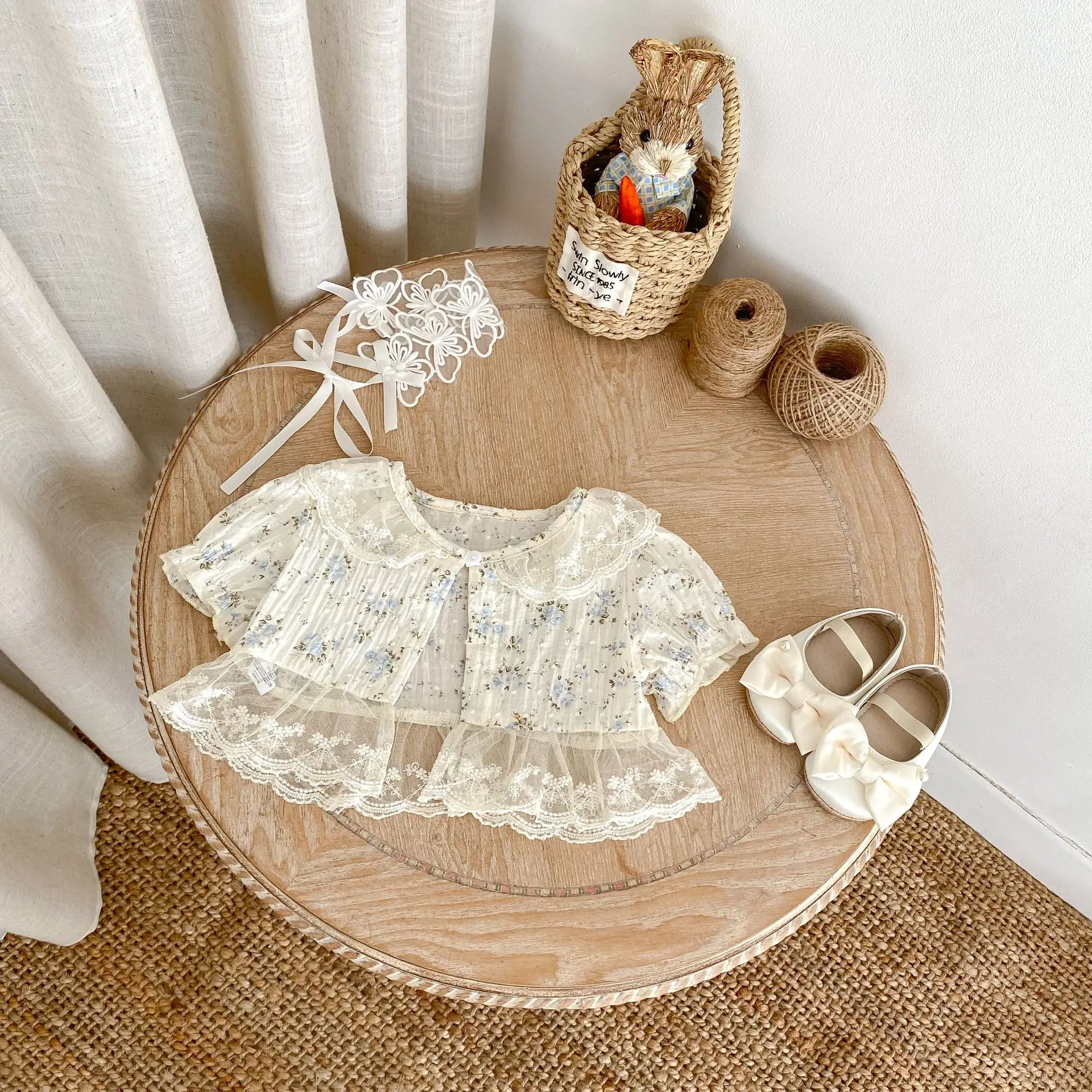 

Summer new baby clothes for 0-3 years old, light and breathable cotton top, floral lace stitching small coat, cardigan