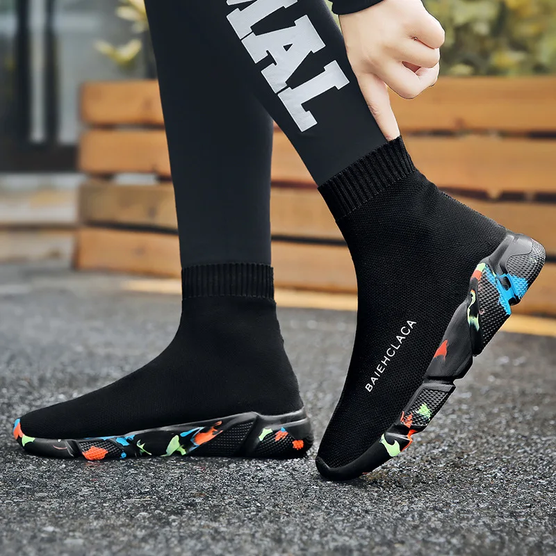 Brand Unisex Socks Shoes Breathable High-top Running Shoes Men\'s Casual Sneakers Mesh Stretch Fabric Slip-On Ladies Sports Shoes