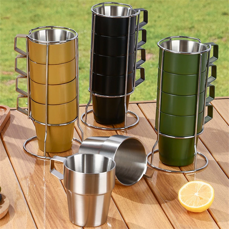 4pcs Stainless Steel Camping Cup Set Hiking Portable Tea Coffee Beer Mug with Rack Outdoor Picnic Travel Water Cups Drinkware