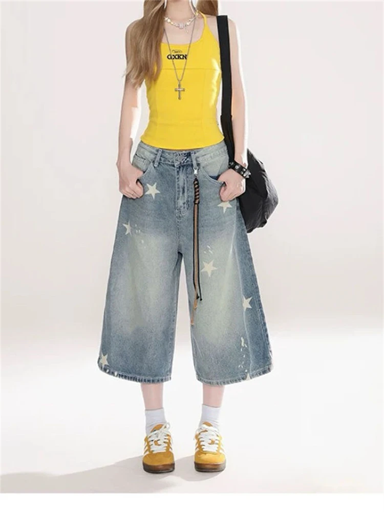 Damskie spodnie jeansowe z szerokimi nogawkami do łydki z nadrukiem gwiazd, letnie szorty dla młodych dziewcząt, damskie spodnie typu capri z wysokim stanem.