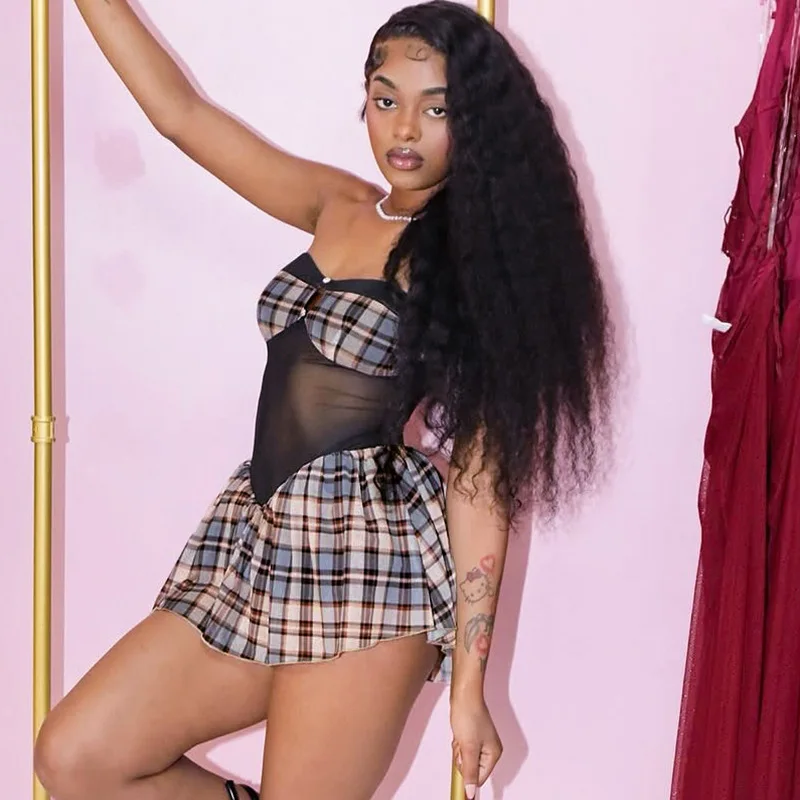 Sheer Mesh Patchwork Plaid Mini Dress Women Sexy Hollow Out Strapless Backless Pleated Party Clubwear Y2K Casual Streetwear