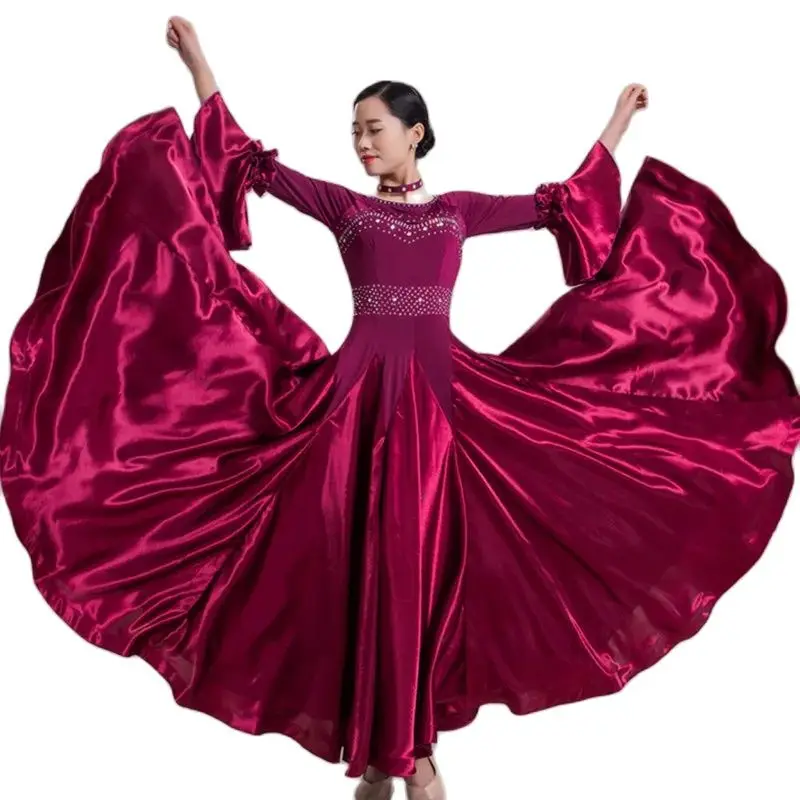 Satin Ruffle Standard Ballroom Dance Dress Flowy Lyrical Dance Costumes Party Dress Foxtrot Tango Rumba Ball Gown