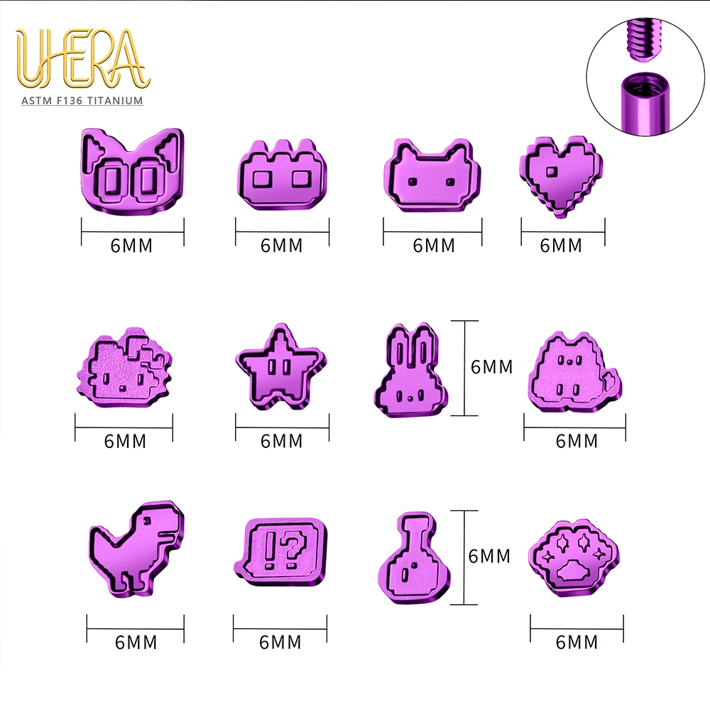 ASTM F136 G23 Titan Pixel Cartoon Labret Stud mit Innengewinde, eloxiert, für Tragus, Helix, Knorpel, Ohr, Lippe, Körperpiercing-Schmuck – Detail 2