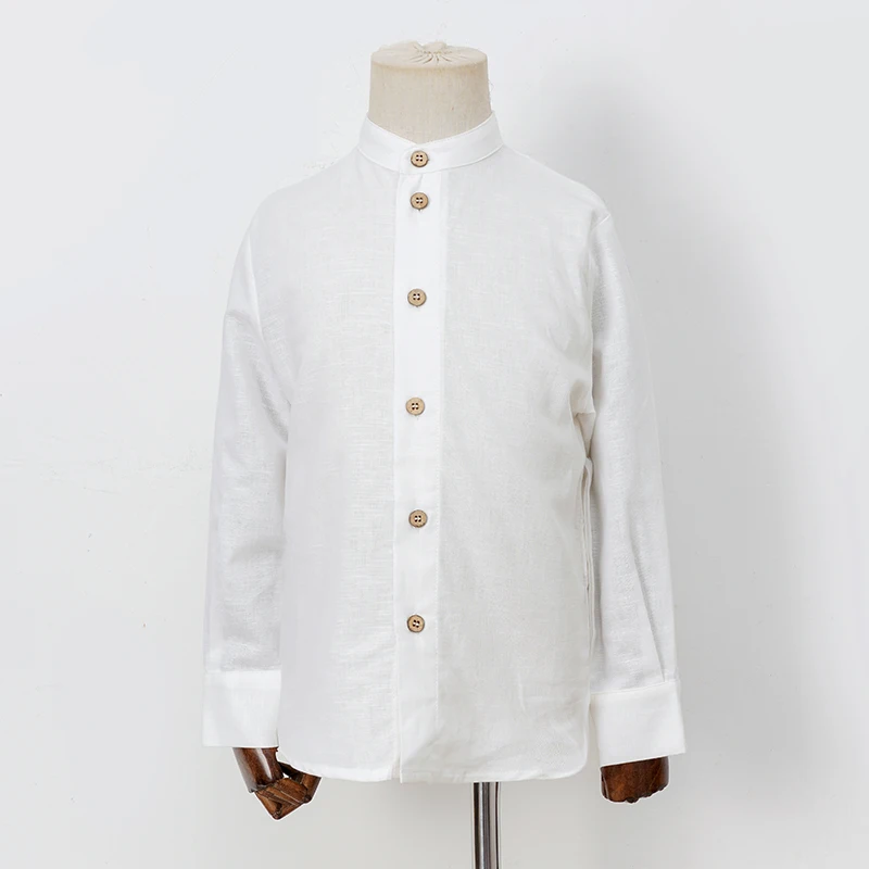 Boys White Linen Shirt 2026 Spring New Children\'s Stand-Up Collar Buttons Daily Casual Cotton And Linen Long-Sleeved Shirts