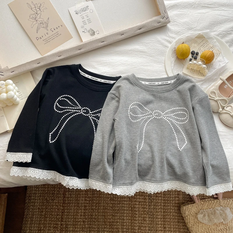 

2025 New Summer Children's Elegant Sweet Lace Splicing Rivet Bow Pattern Long Sleeve T-shirt