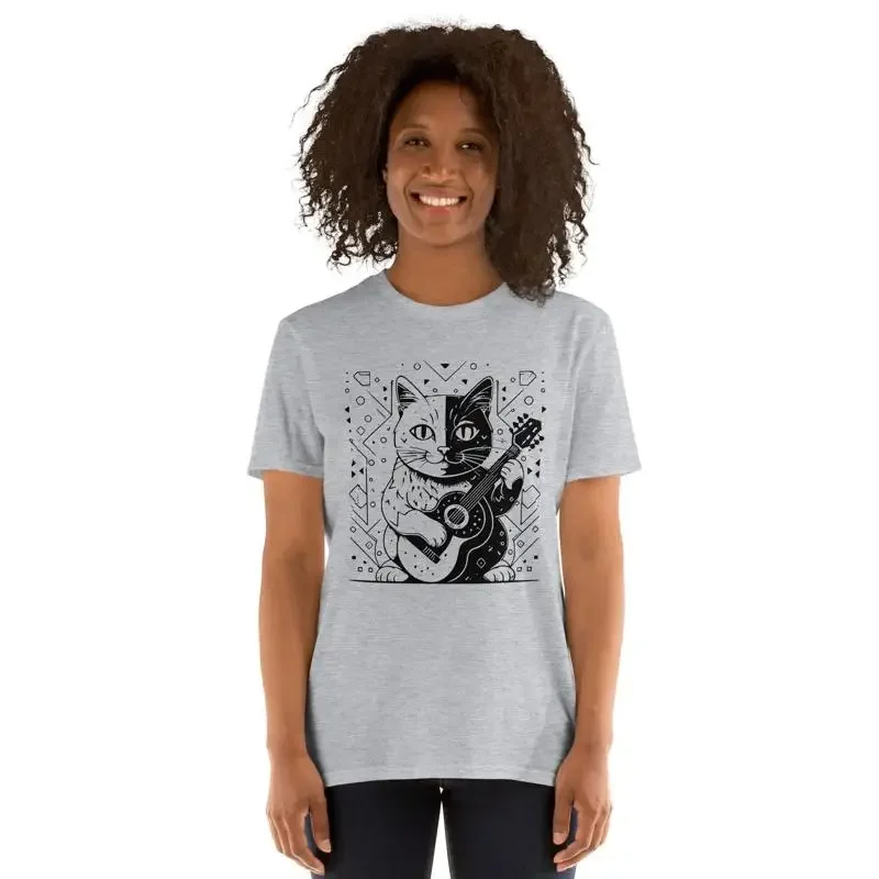 

Guitar Playing Cat T Shirt Electric Rock Top For Music Lovers Lover Dads Moms