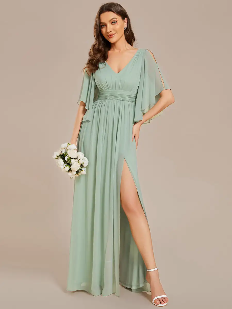 

Elegant Evening Dresses V Neck Pleated Belt Floor length 2025 Ever Pretty of Chiffon Mint Green Bridesmaid dress