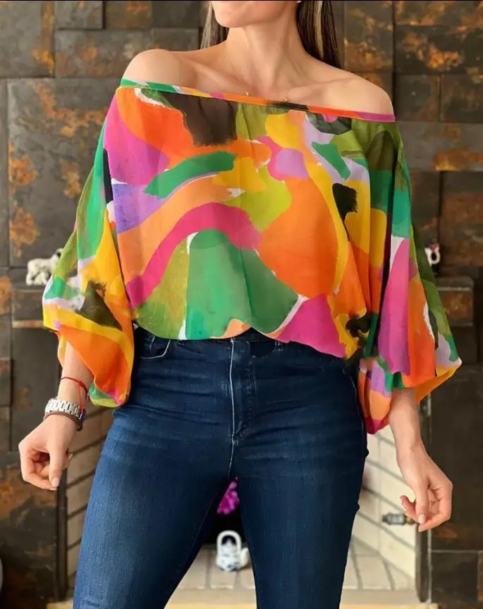 

Off shoulder full shoulder printed lantern sleeves 2024 spring/summer new women's long sleeved diagonal collar pullover