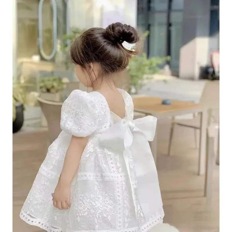 Baby Girl 1st Birthday Party Dress Puff Sleeve Toddler Girls Princess Dresses with Bow Kids Ball Growns White Wedding Dress