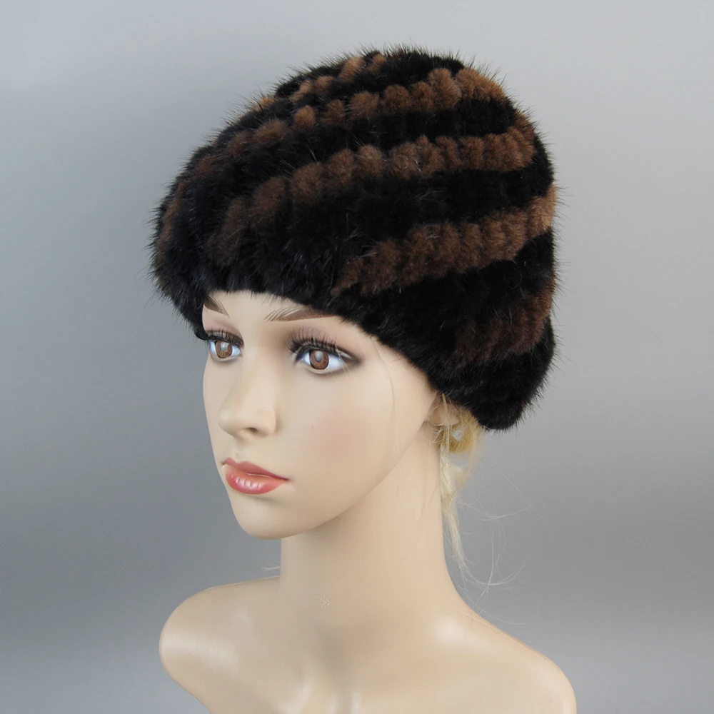2026 Fashion Real Natural Mink Hats For Women Winter Knitting Ear Warm Two-color Match Cap Cross-weave With New Fashion Fur Hat