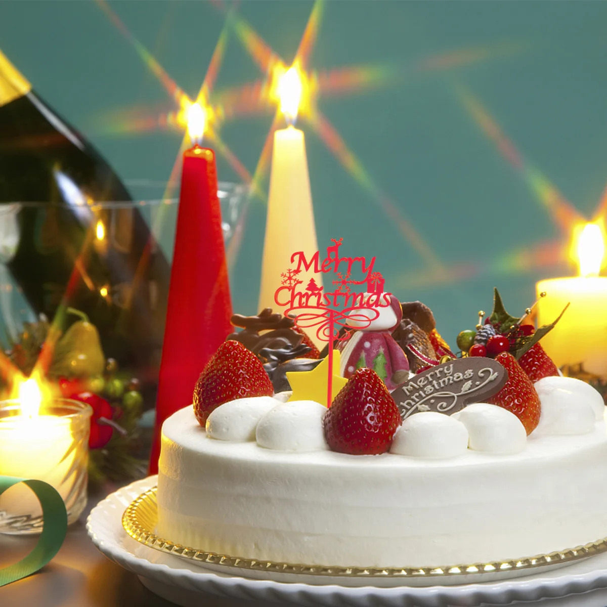 

6 Pcs Christmas Cake Decoration Merrychristmas Deer Snowflake Acrylic Card 2023 New Year 2024 Party Topper Dessert