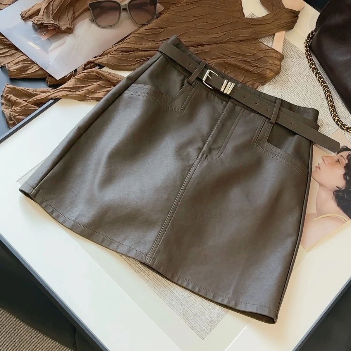 Seoulish PU Leather High Waist Mini Skirt Women New Autumn High Waist A Line Wrapped Skirt Slim Fashion Short Skirt with Belt