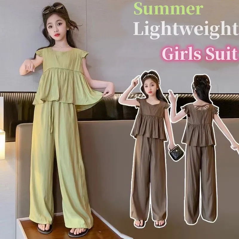 

Summer Girls Modal Plain Lace UP Back Ruffled t-Shirt Tops+Drawstring Pant Set School Kids Tracksuit Children 2PCS Outfit 5-16Yr