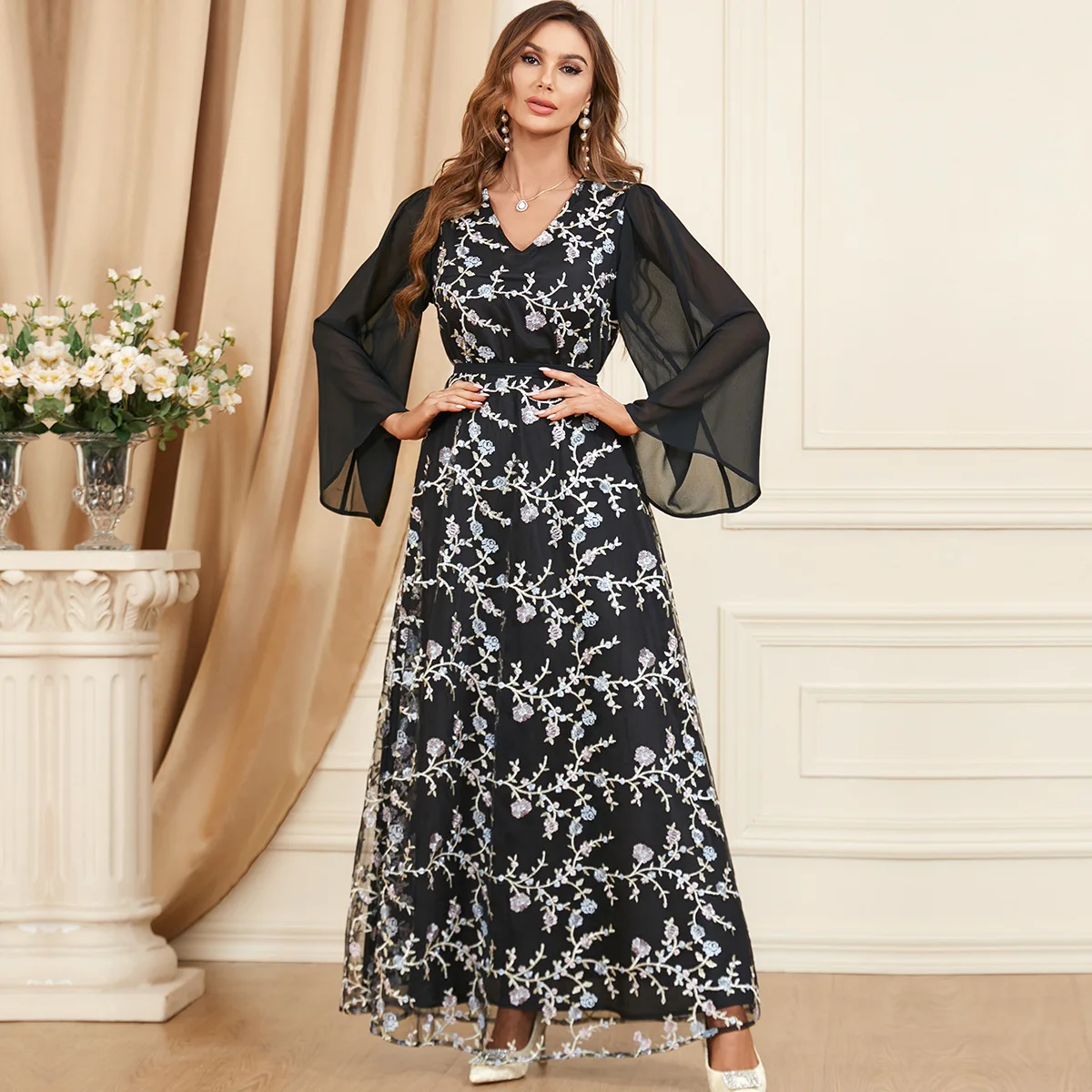 Uni Maxi Dress Black Mesh Patchwork V-Neck Full Sleeve Chic Floral Embroidery Elegant Party Abaya Dresses For Women Muslim