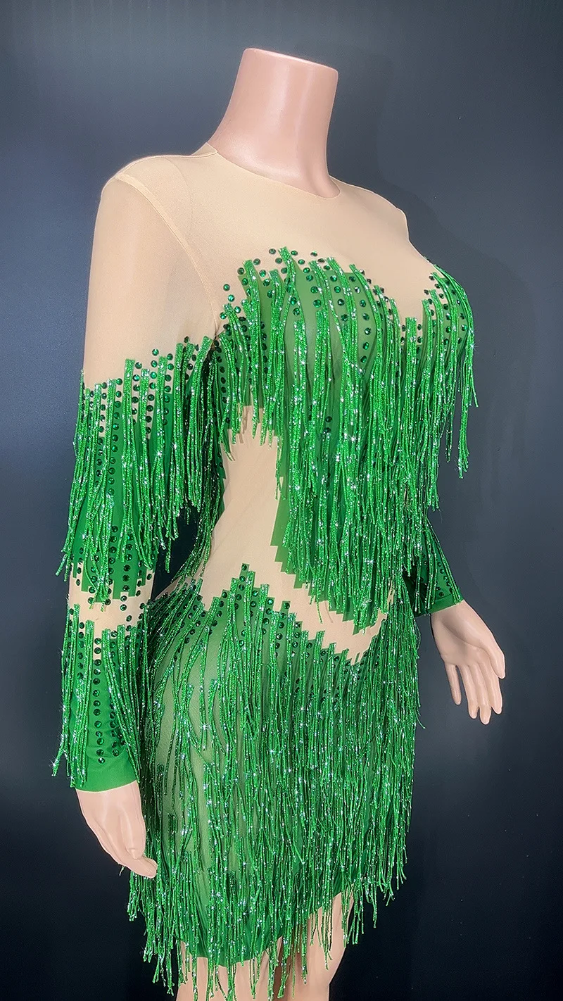 Robe de soirée en dentelle transparente à manches courtes, glands personnalisés, maille, haute élasticité, paillettes sexy, robe de performance sur scène