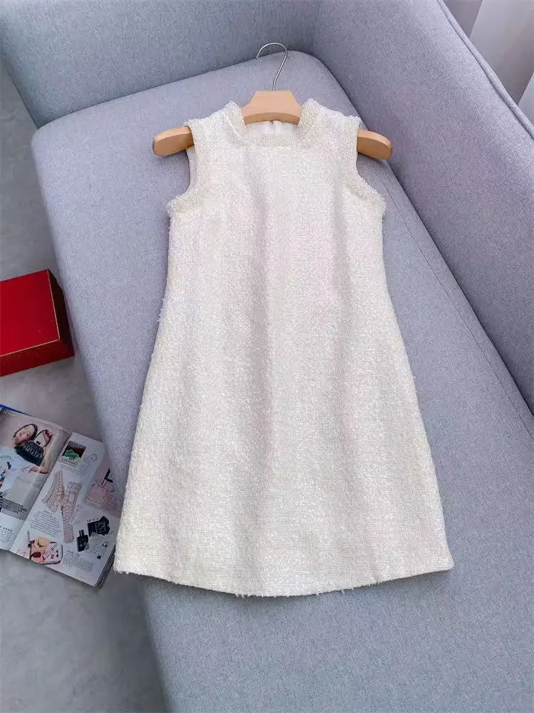 High Quality 2025 Spring New Fashion Tweed tank dress women Temperament Beadings Sequins Sleeveless Mini Robe Ladies