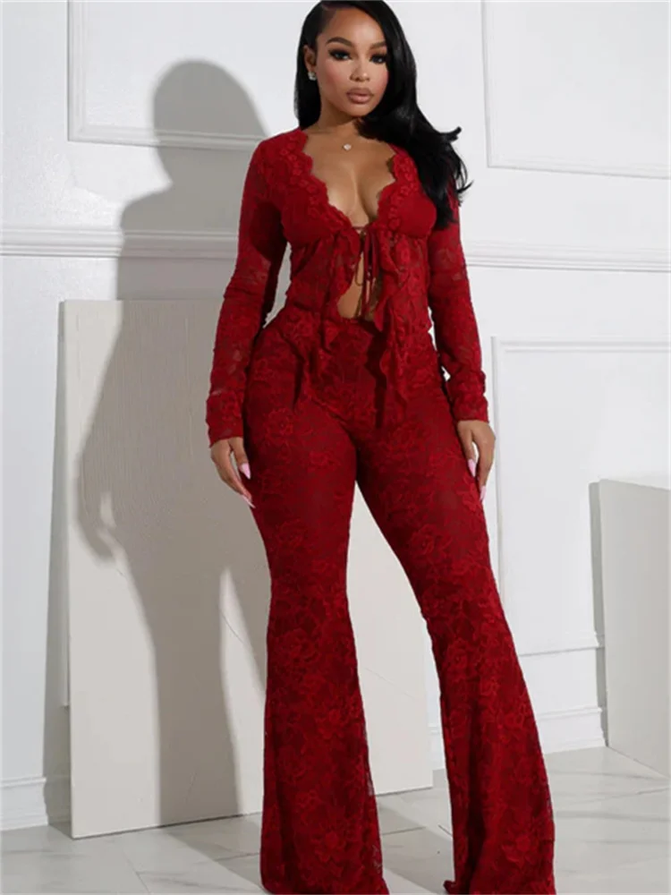 Nwe Spring Fall Lace Women's Sets Long Sleeve Sexy Bandage Top and Flared Pants 2025 Loose Red Clubwear Two 2 Piece Set Outfits