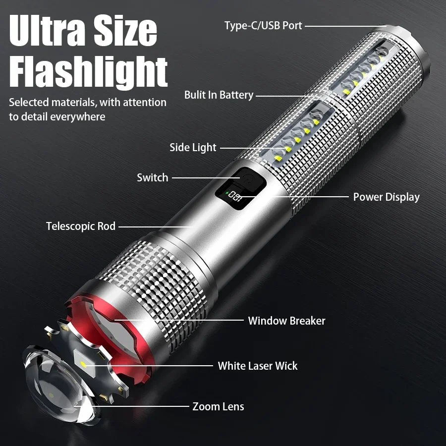 Lampes de poche Led haute puissance forte, torche latérale COB avec affichage, charge de Type C, lanterne Zoom pour Camping, pêche, Defensa